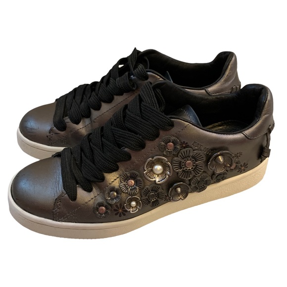 COACH Gunmetal Tea Rose Metallic Low Top Sneakers - Picture 6 of 11